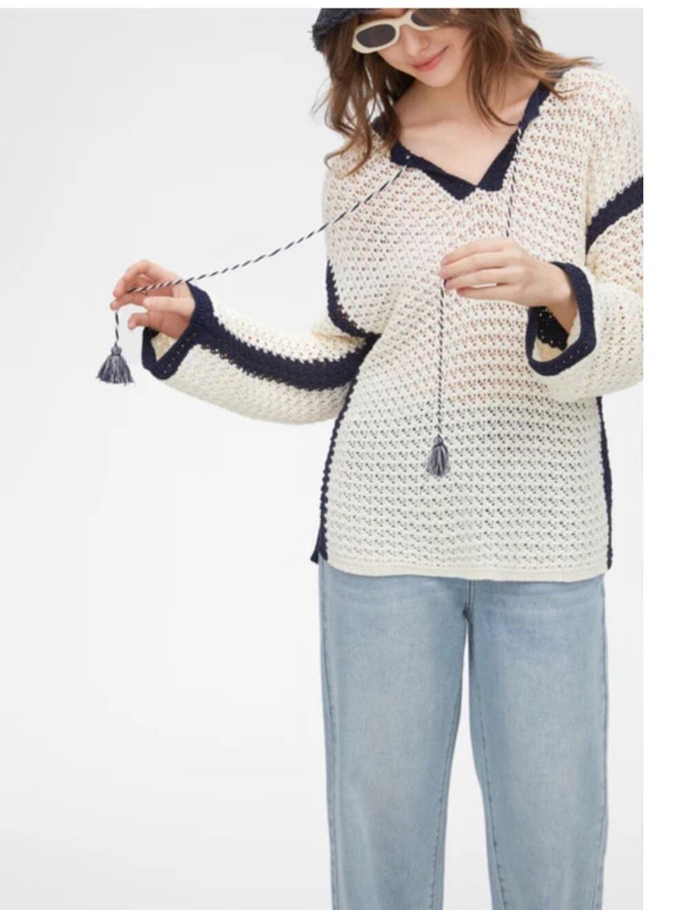 Martha Stewart Collection White Navy Knit Preppy Nautical Sweater Sz XS
